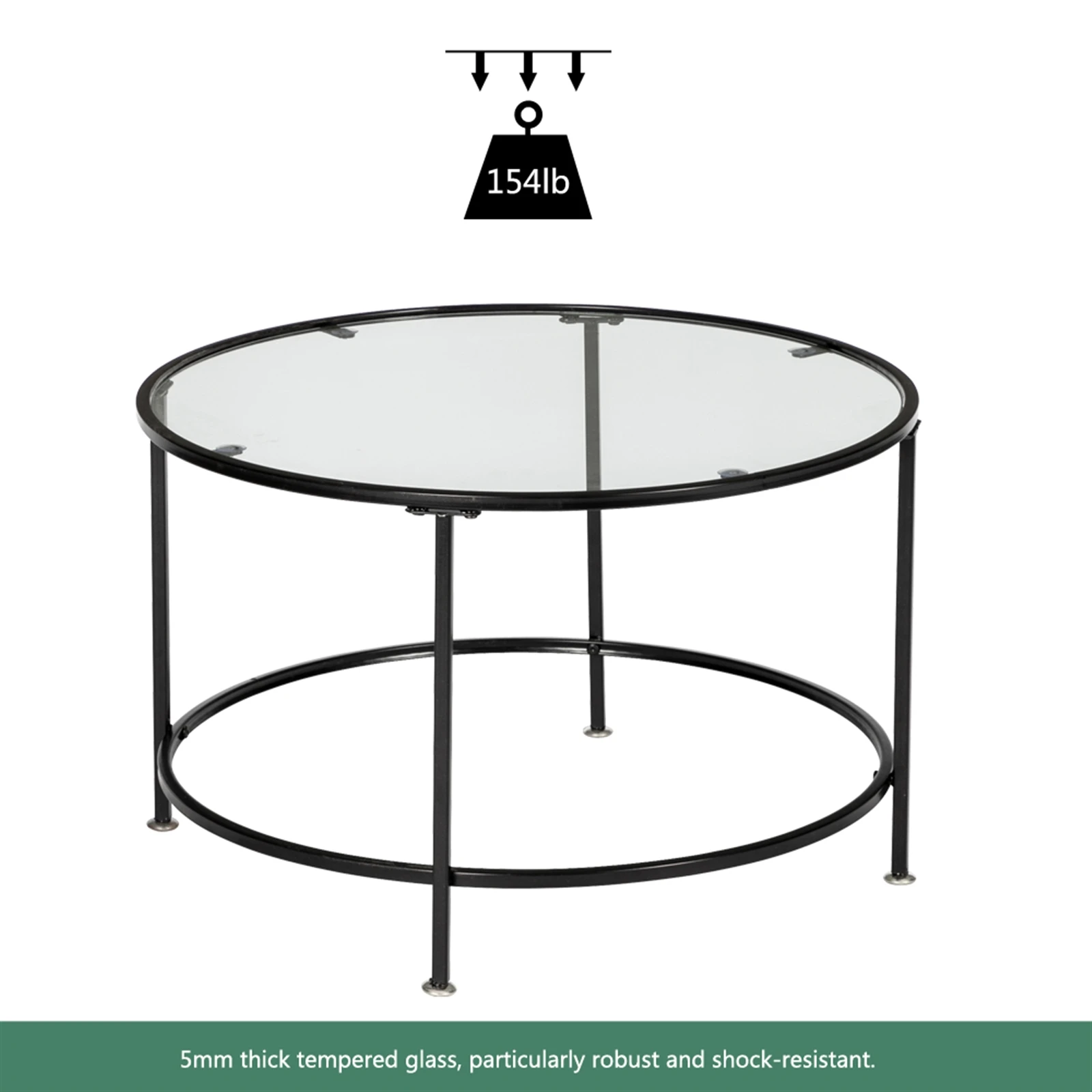 2 Layers 5mm Thick Tempered Glass Countertops Round Wrought Iron Coffee Table Black