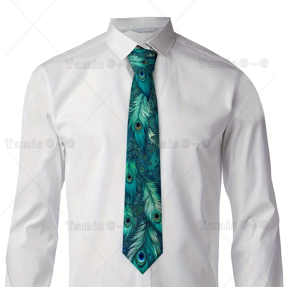 Green Peacock Feather Design on Woven Polyester Retro Casual Collar Tie Graphic Wedding High Quality Necktie Accessories