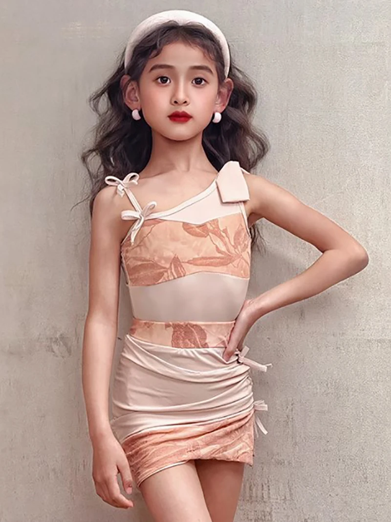 Kinderen Meisjes Latin Dancewear Print Romper en Split Trekkoord Rok Kinderen Dansen Rumba Chacha Competitie Danskostuum