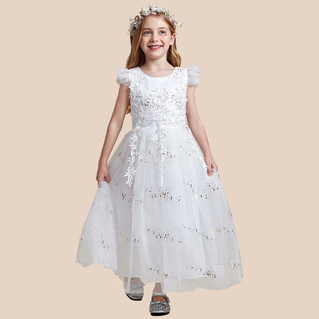 YZYmanualroom Lace and Sparkle Princess Flower Girl Dress with Flutter Sleeves 2-15T