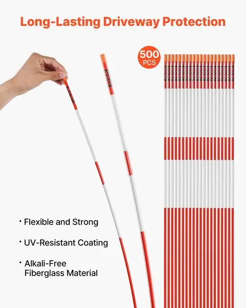 500Pcs Reflective Driveway Markers 1/4' Dia 48 in Snow Stakes Reflectors Orange