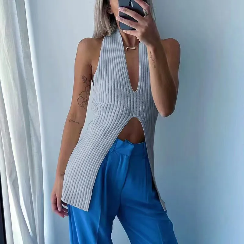 Plunge Slit Front Tank Top Women Sleeveless Rib-knit Camis and Tanks Top Summer Ladies Korean Fashion Chic Vacation Beach Outfit