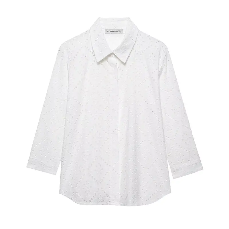 

Spring 2025 Women's Faion Design Sense Hollow out Embroidery Stand Collar irt Versatile New Arrival Seven Sve Length