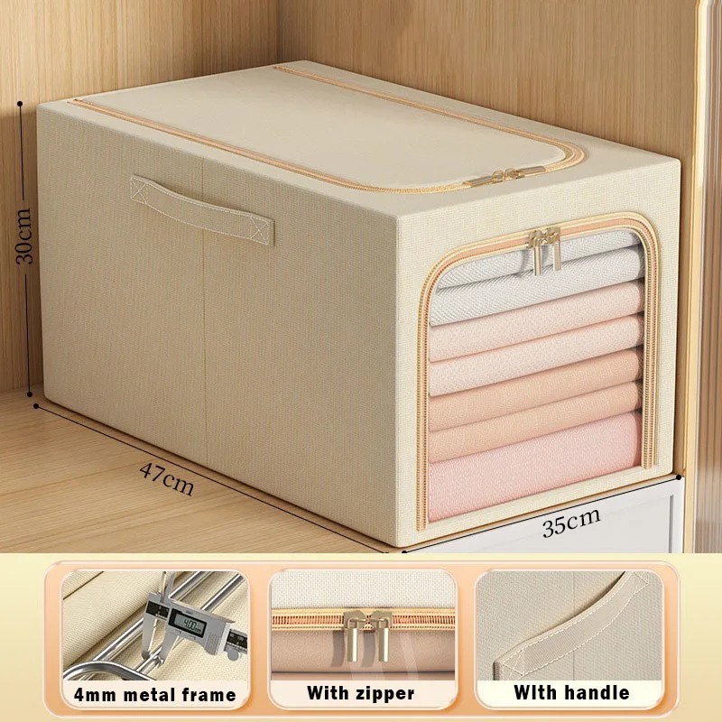 Khaki 49L Slim Foldable Clothes Storage Box Large Capacity Fabric Wardrobe Organiser with Clear Window Dustproof