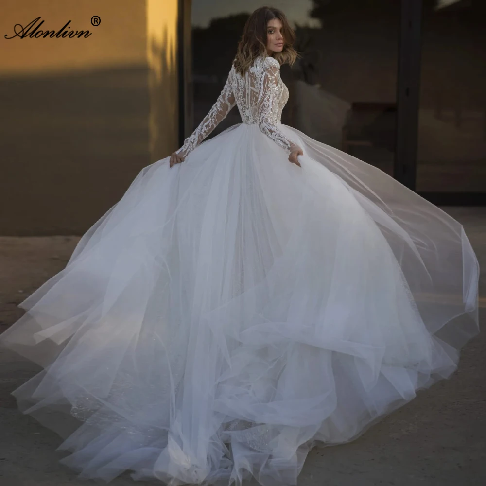 Alonlivn Custom Made Muslin Style High Collar A-line Bride Dresses Vintage Appliques Full Sleeves Chic Tulle Wedding Gowns