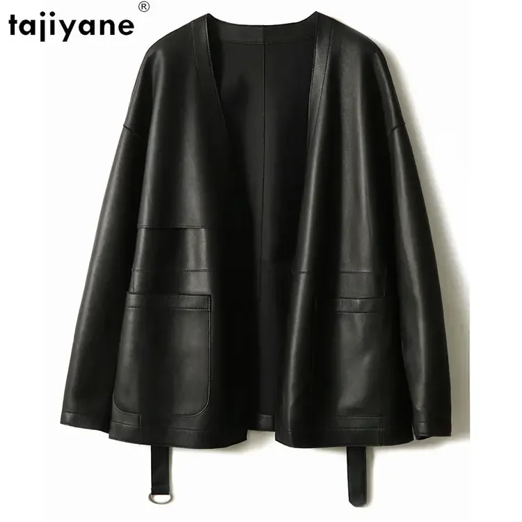 Tajeyane-Chaqueta de piel de oveja auténtica para mujer, abrigo elegante con cuello en V, de cuero liso, con cinturón coreano