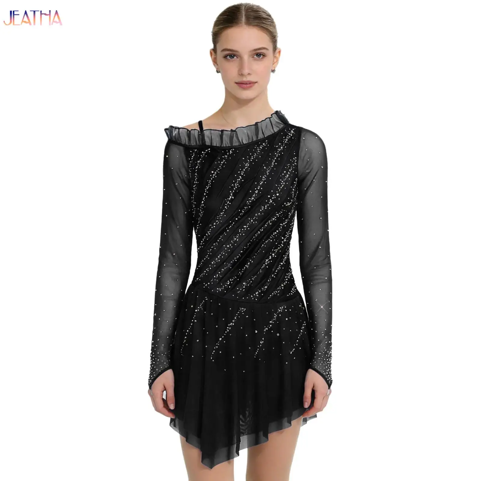 

Adults Women Figure Skating Jersey Dress Rhythmic Gymnastics Leotard Ruffles Ruched Shiny Rhinestones Dress Ballerina Dancewear