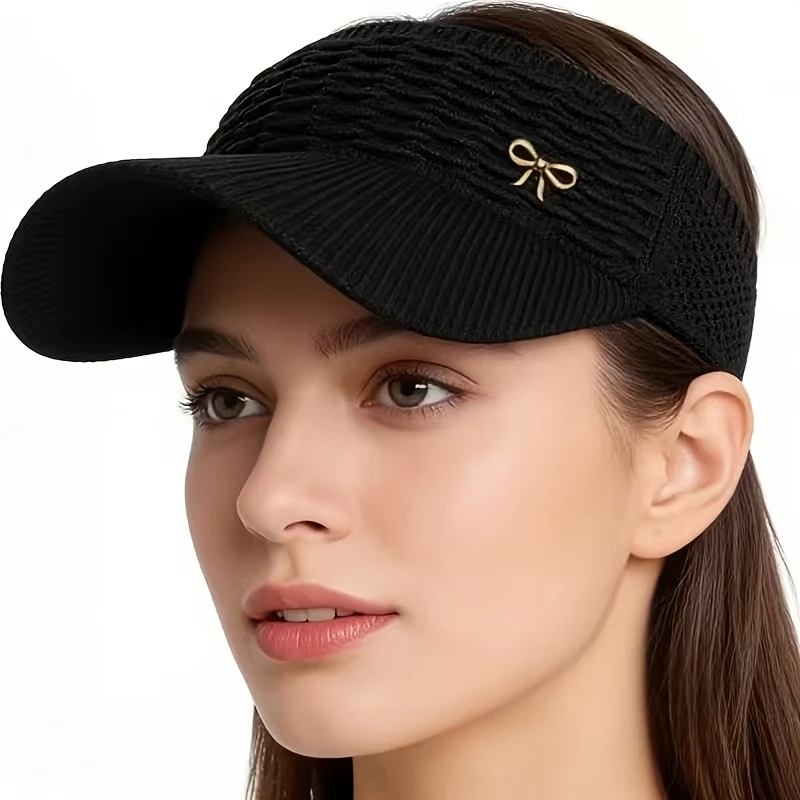 Breathable Open Top Visor Cap for Women Polyester Knitted Sun Hat with Curved Brim Bow Accent for Tennis Cycling Hiking Sports