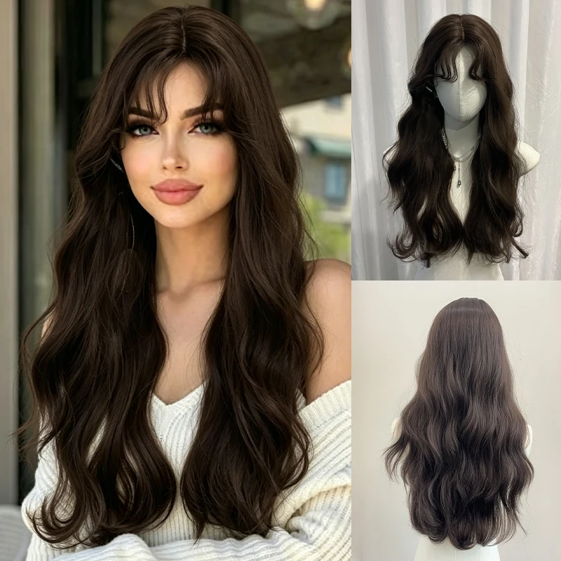 MEISU 26 Inch Dark Brown Synthetic Wig with Water Wave Bangs Layered Heat-Resistant Smooth Hair for Women Daily Use And Party