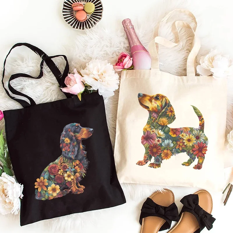 

Watercolor Floral Dog Print Canvas Bag Women Fashion Shoulder Totebag Female Shopping Bags Girl Student School Bags Animal Totes