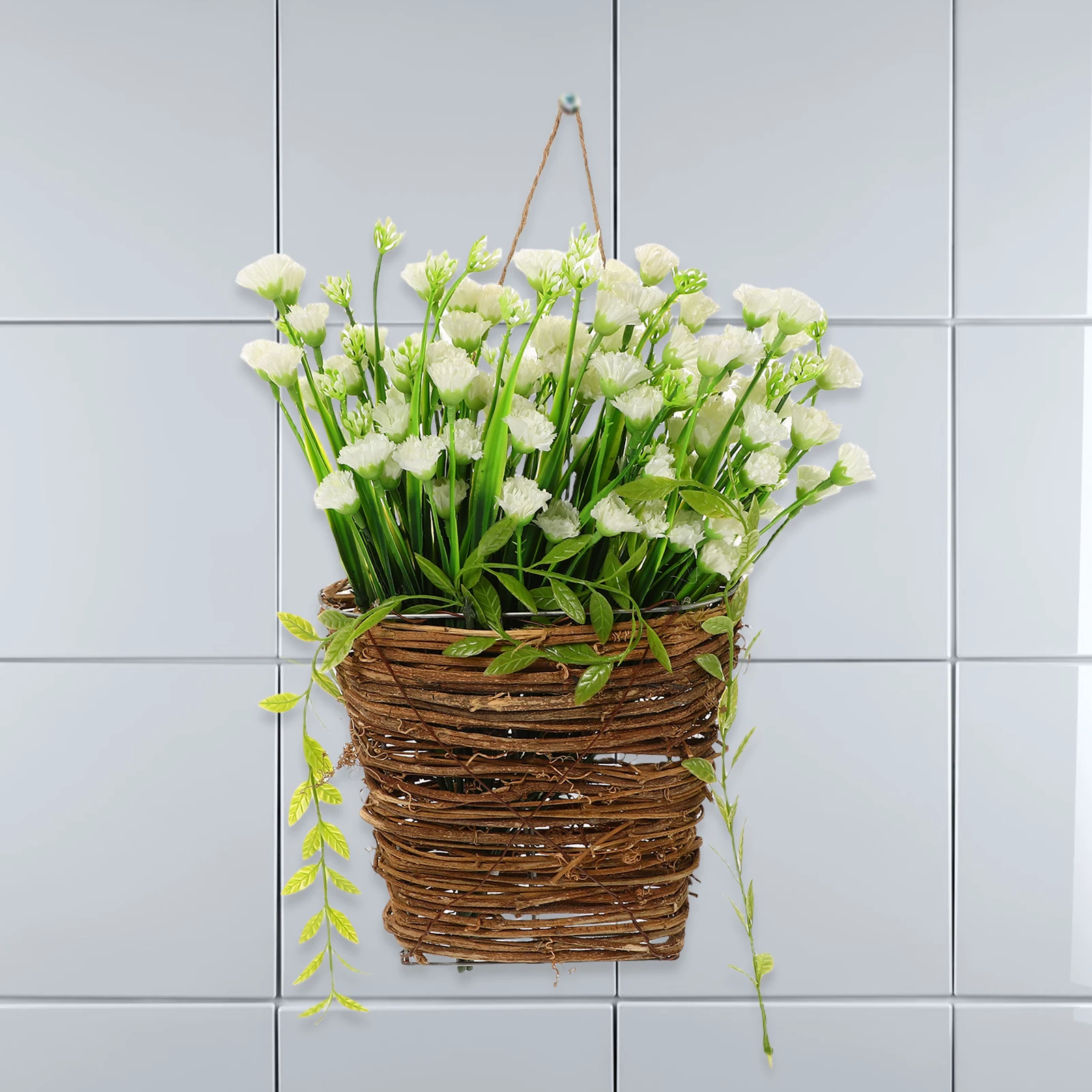

Artificial Flower Basket White Wall Decor Material Hanging Rope Indoor Outdoor Wreath Door Hanger Fake Plants