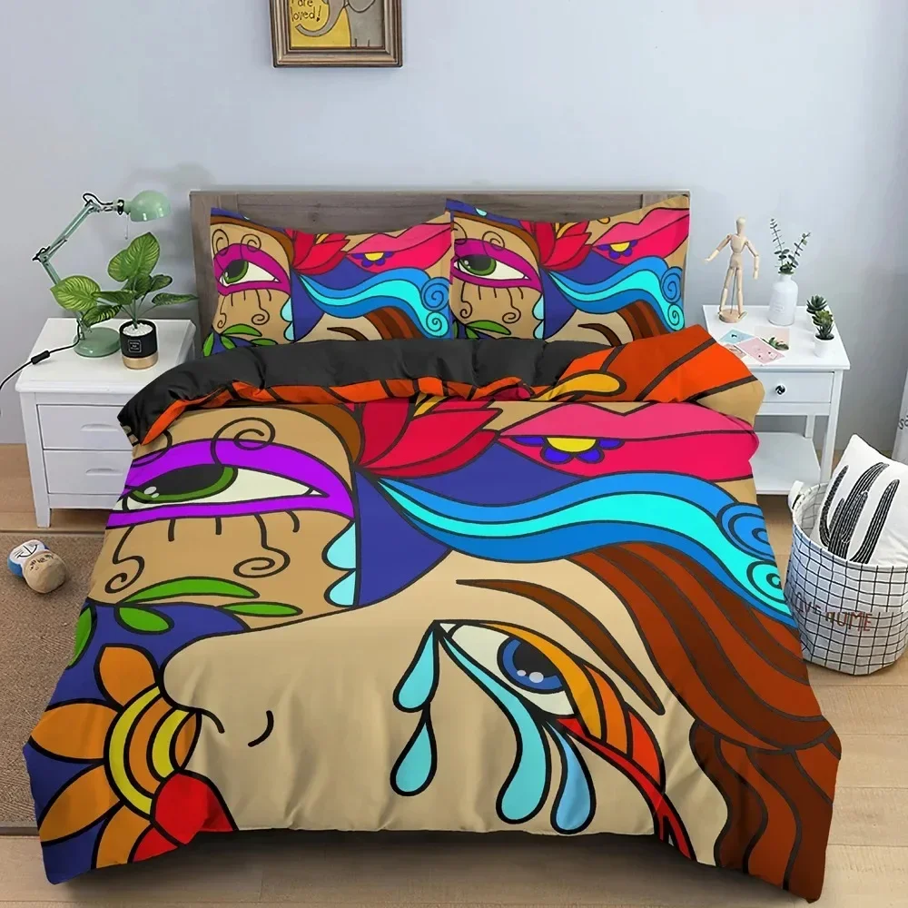 Abstract Face King Queen Duvet Cover Woman Portrait Bedding Set Graffiti Comforter Cover Fantasy Design Polyester Quilt Cover