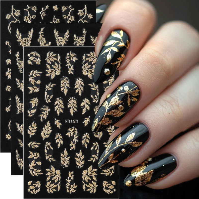 Autocollants pour ongles en forme de feuille de paillettes dorées brillantes, feuilles d'automne scintillantes, fleur d'hibiscus, modèles français, breloques pour ongles, décalcomanies de décoration