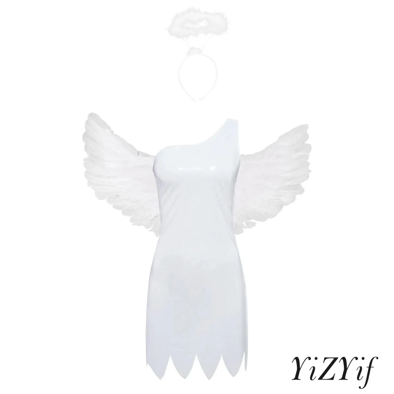 

Womens Angel Cosplay Costume One Shoulder Sleeveless Irregular Hem PU Dress with Feather Wing+Headwear for Halloween Raves Party