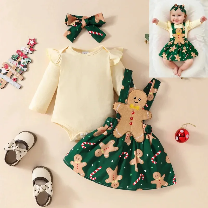 3Pcs Christmas Baby Girl Outfit Newborn  Elk Fly Sleeve Romper Overall Dress Infant Girls Fall Winter Skirt  ropa bebe niña bebe