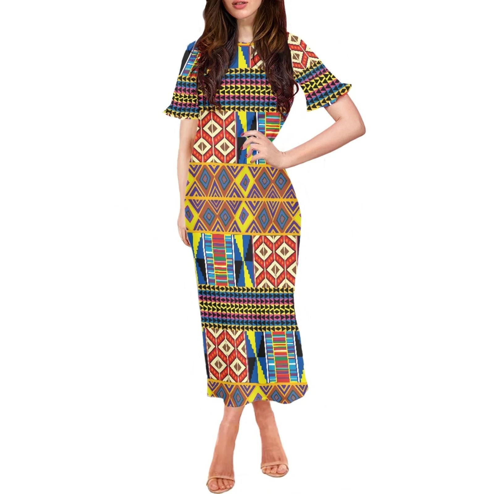 

Polynesian Tribal Samoan Totem Tattoo Samoa Prints Short Petal Sleeve Holiday Party Clothing Fashionable Sexy Perfect Long Dress