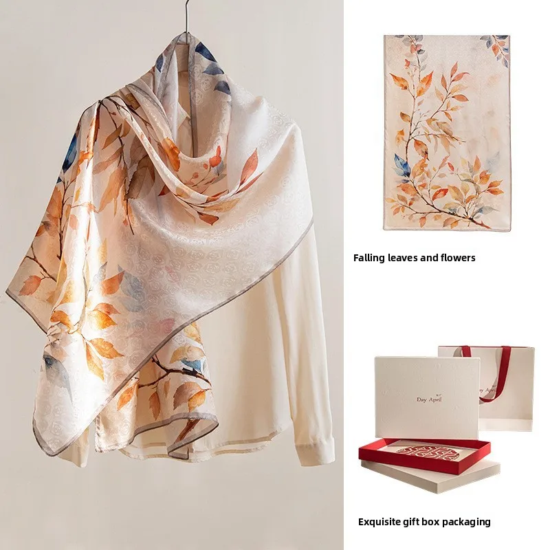 

New Luxury 100% Mulberry Silk Double-sided Ginkgo Printed Scarf 170x55cm Spring Summer Shawl Hijab Hair Wrap Gift Box