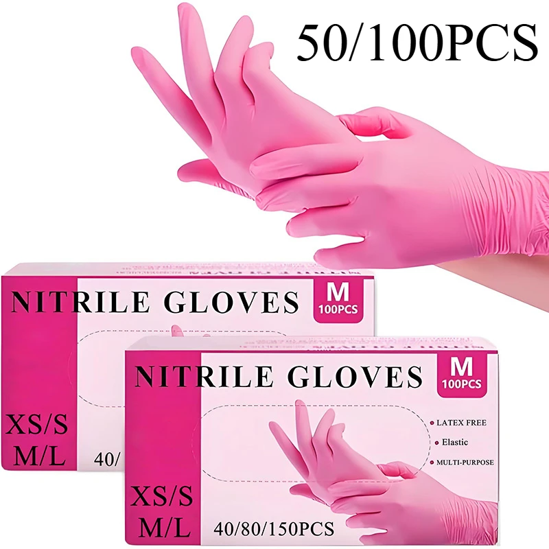 50/100PCS Pink Nitrile Gloves Kitchen Cleaning Disposable Gloves Suitable for Nail Hairdressing Tattoo Food Preparation Tools