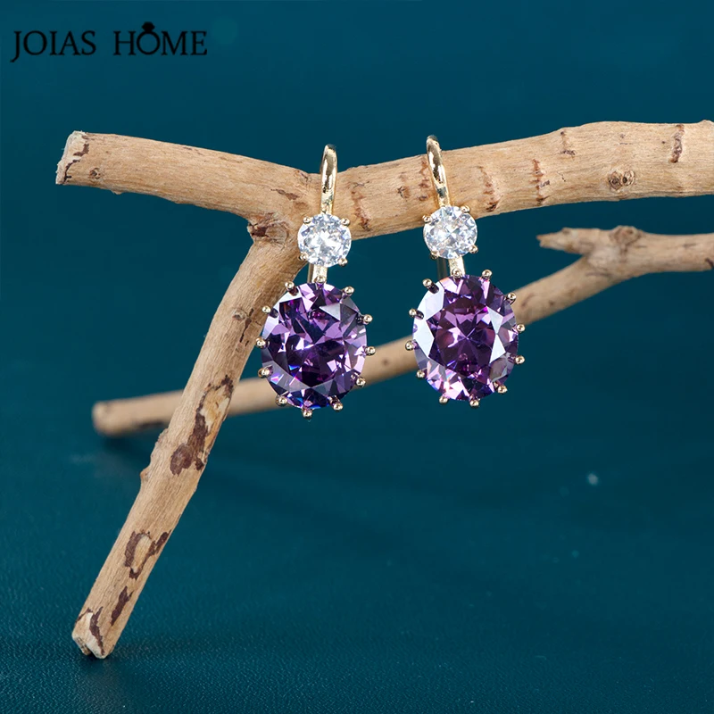 JoiasHome Yellow Gold Color Drop Earrings For Women Silver 925 Jewelry With Purple Zircon Amethyst Female Party Ear Accessories