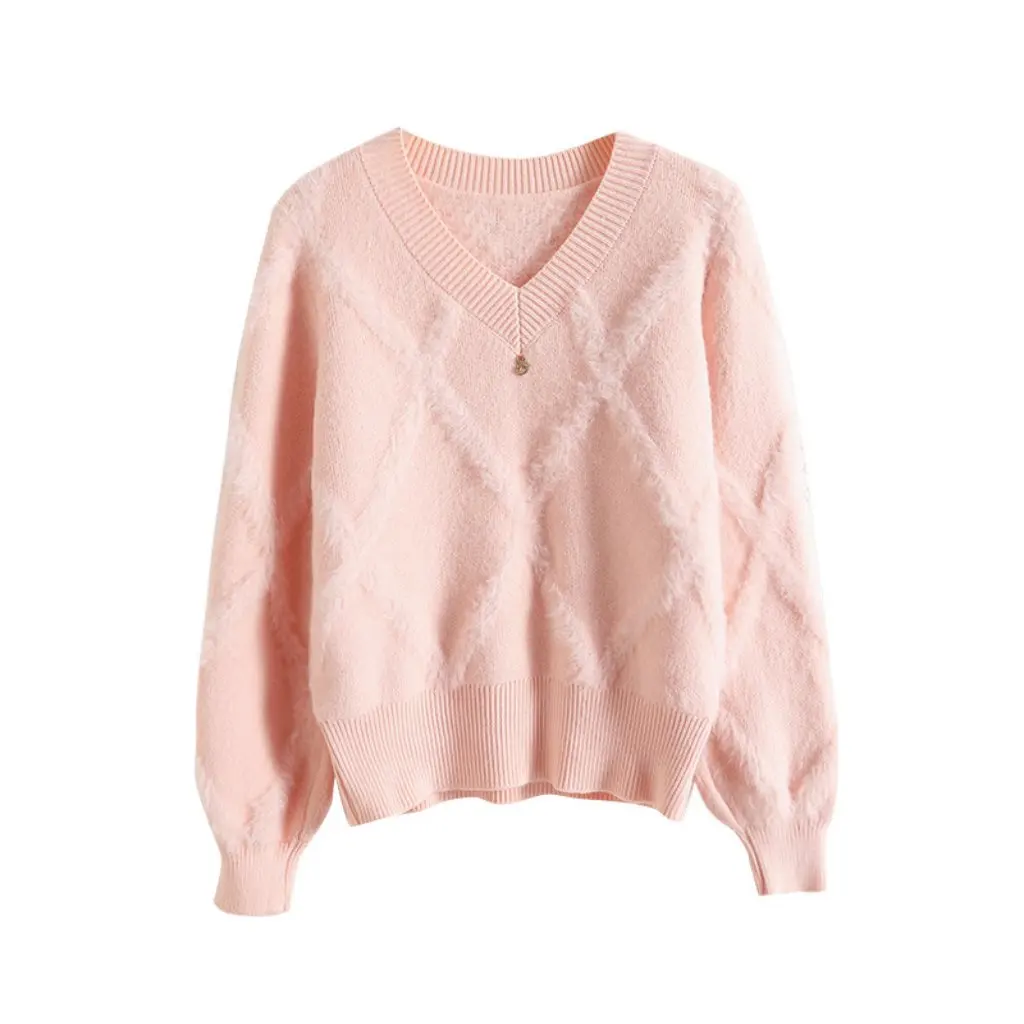 

Korean Style Women's V-Neck Fur Patchwork Sweater 00Sy-7106 Gentle Sweet Pullover Winter New Arrival Wholesale Clothing