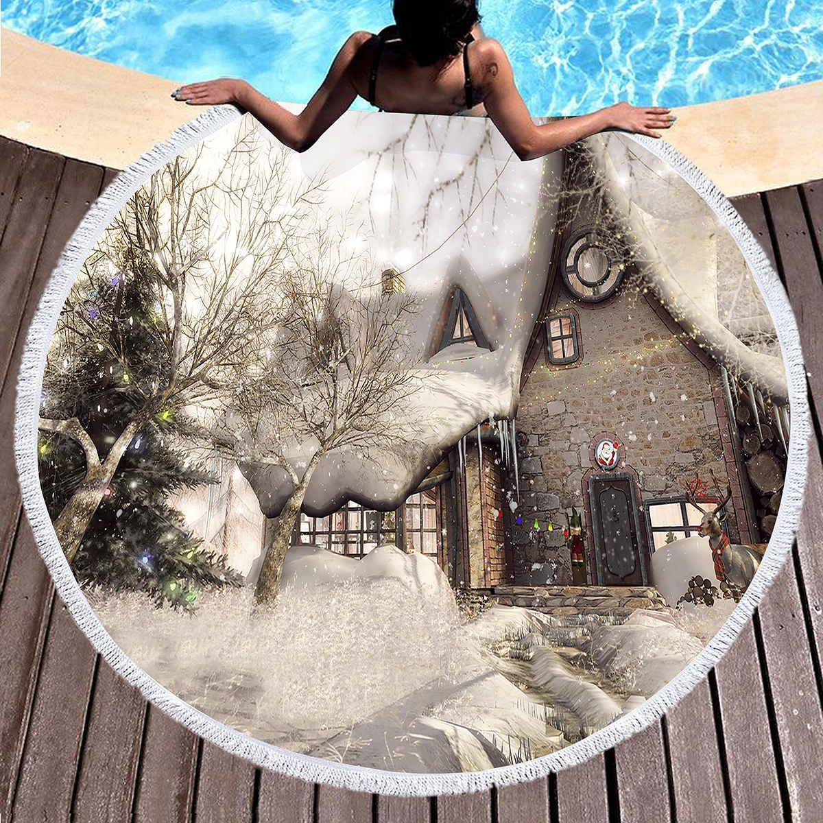 Winter Snow Scene Fantasy Tree Round Beach Towel Polyester Sand Resistant Shawl Beach Blankets, Quick Dry Pool Towels Picnic Mat