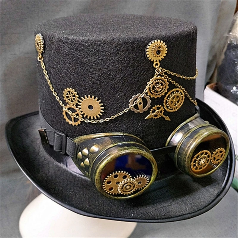 Vintage Adult Man Women Steampunk Flat Top Hat with Goggles Halloween Metal Gear Decor Hat Gothic Cosplay Magician Hat