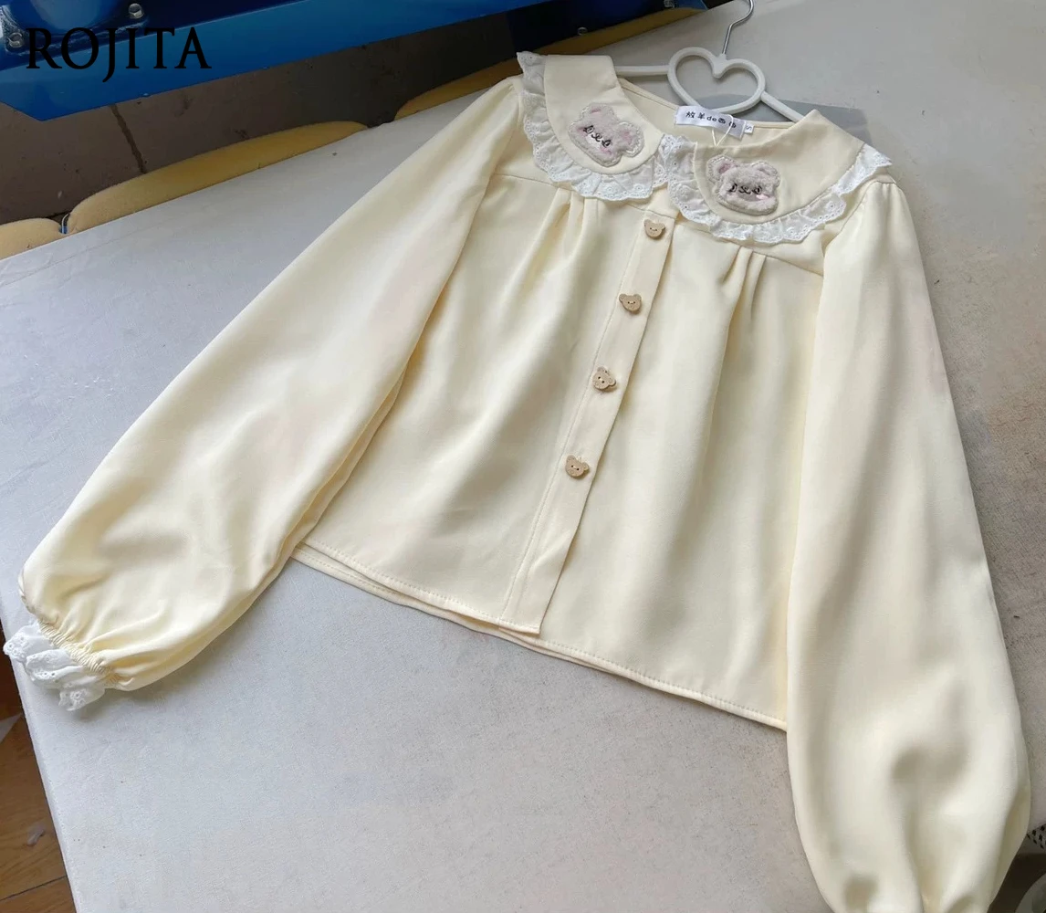 Blusa Lolita con Bordado de Osito, Cuello Peter Pan, Manga Larga, Estilo Dulce, Color Crema Amarillo