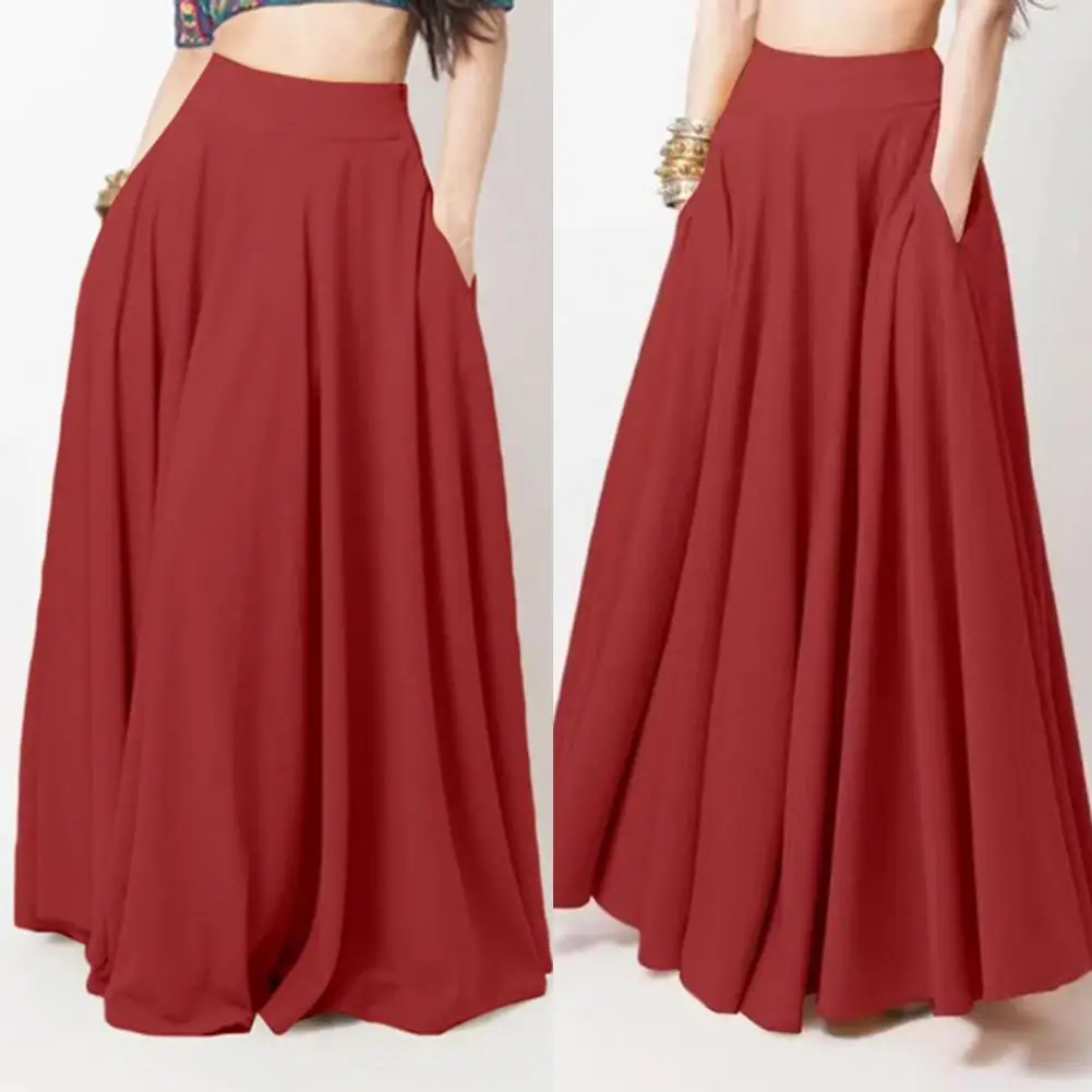 Women Maxi Skirt High Waist A-Line Solid Color Skirt with Pockets Loose Fit Pleated Long Skirt Leisure Women High Waist Skirts