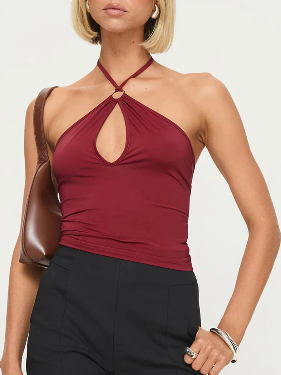 Camiseta sin mangas de Color sólido para mujer, Top sin mangas con lazo ahuecado, cuello Halter y diseño sin espalda, ropa de calle perfecta para verano