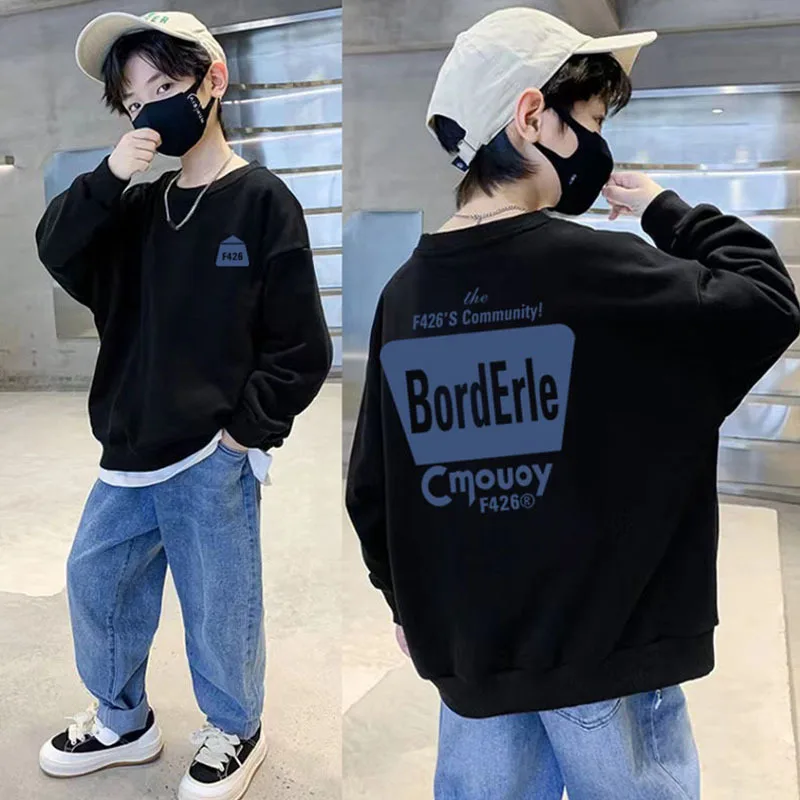 

2023 winter autumn boys clothes t-shirt letters hooded tops teenager Bottom Kids plus velvet child sweatshirts 5 8 9 7 12 year