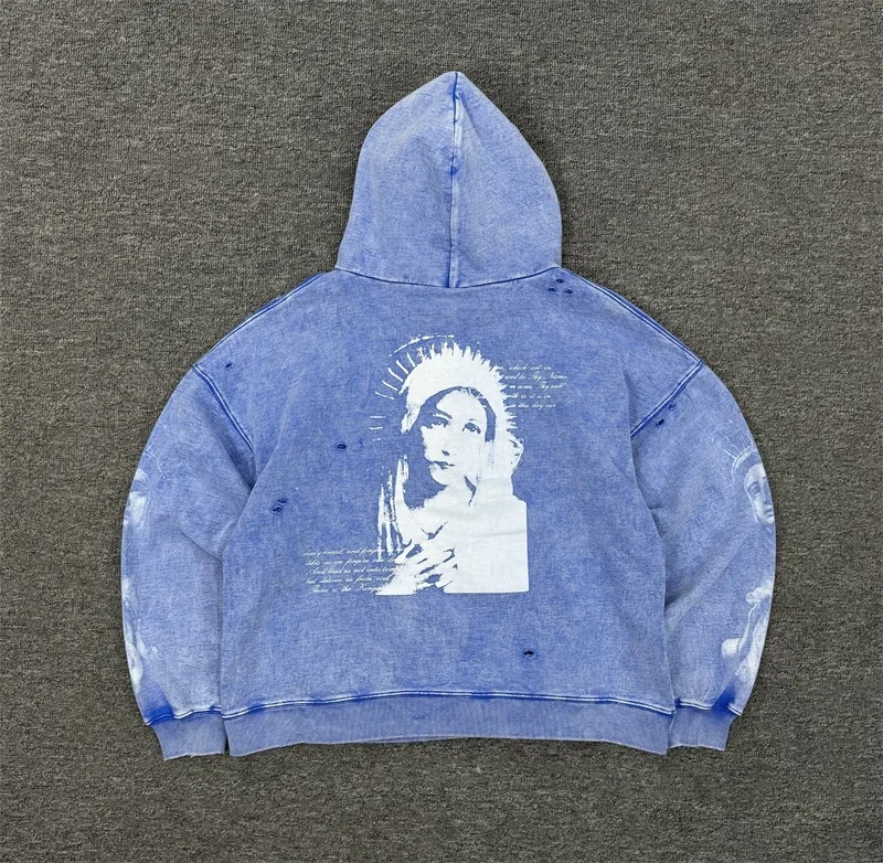 

Oversized Saint Michael Washed Blue Hoodies Men Women Best Quality Vintage Portrait Pullovers