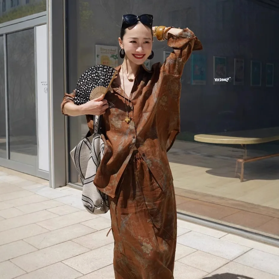 2026 early spring temperament suit lazy ramie printed shirt skirt old money style wear