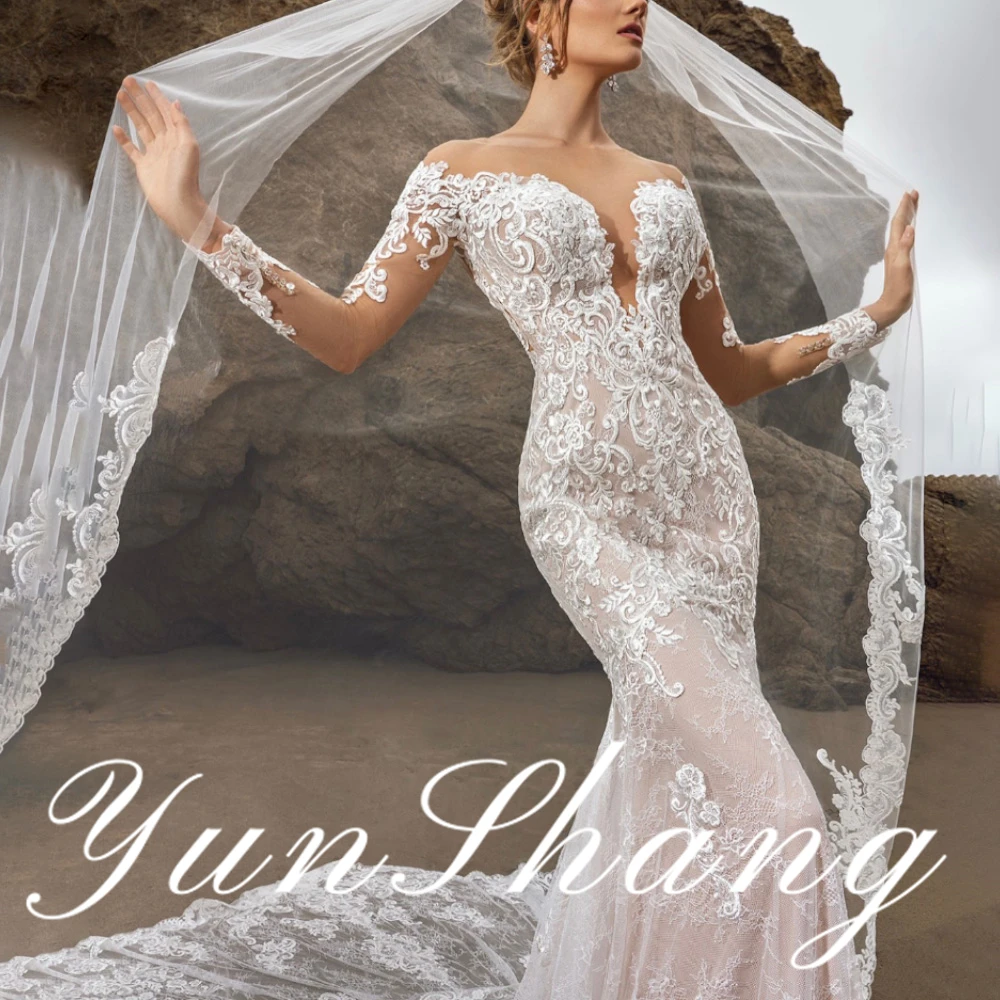 YunShang Customized Romantic Long Sleeve Intricately Embroidered Lace V Neck Mermaid Wedding Dress with Graceful Sheer Back Sexy image 4