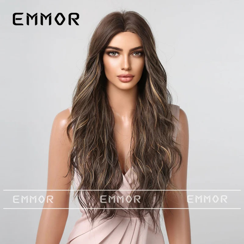 Women's wig, natural black-brown long curly hair, big waves, middle parting, no bangs