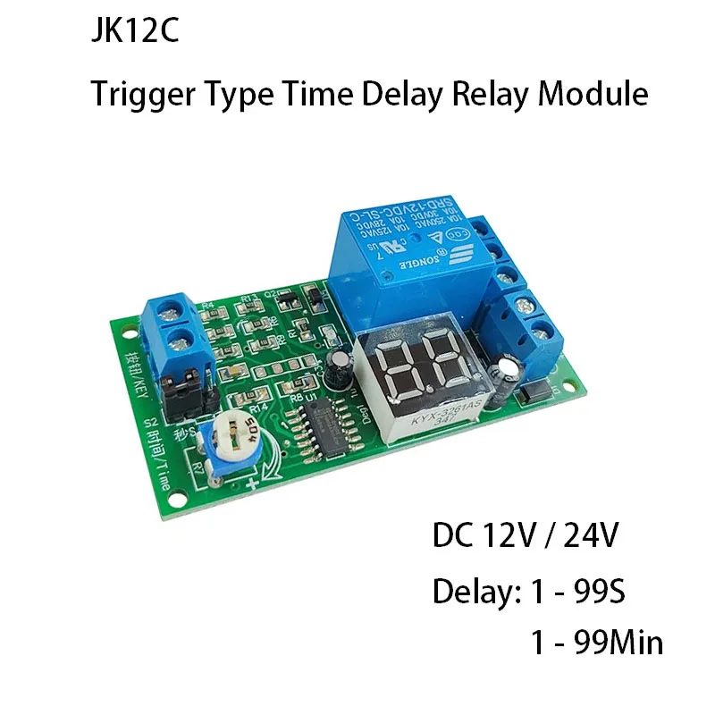 

JK12C 12V/24V Digital Time Delay Relay Module with Display 1-99S/Min Adjustable Trigger ON/OFF Control Switch Timer Relay