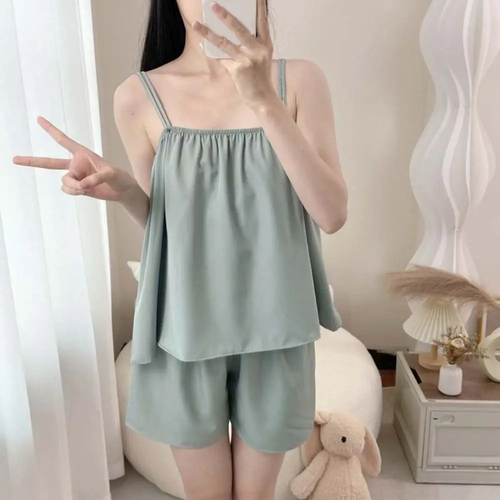 

Simple Solid Color Sleeveless Pajamas Women Casual Loose Sleepwear Set Thin Homewear Two Piece Nightdress Gifts
