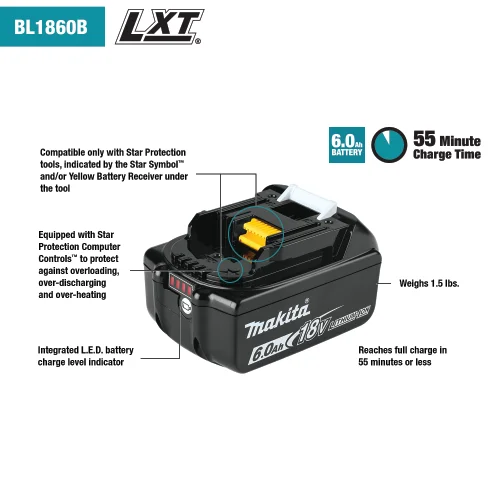Makita Battery BL1850B BL1860B 18V 5.0Ah 6.0Ah LXT Lithium Ion Rechargeable Replacement for Cordless Power Tools Charger