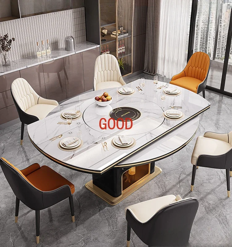 Легкий роскошный круглый обеденный стол из каменной плиты. Небольшая квартира со встроенной телескопической индукционной плитой с поворотным столом.