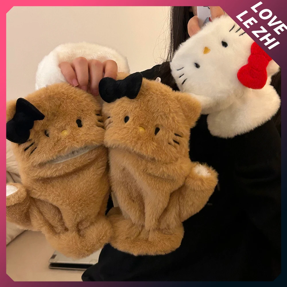 

Cute Girly Heart Kt Cat Winter Outdoor Cycling Keep Warm Gloves Bowknot Half Finger Flip Cover Windproof Anti Slip Gloves