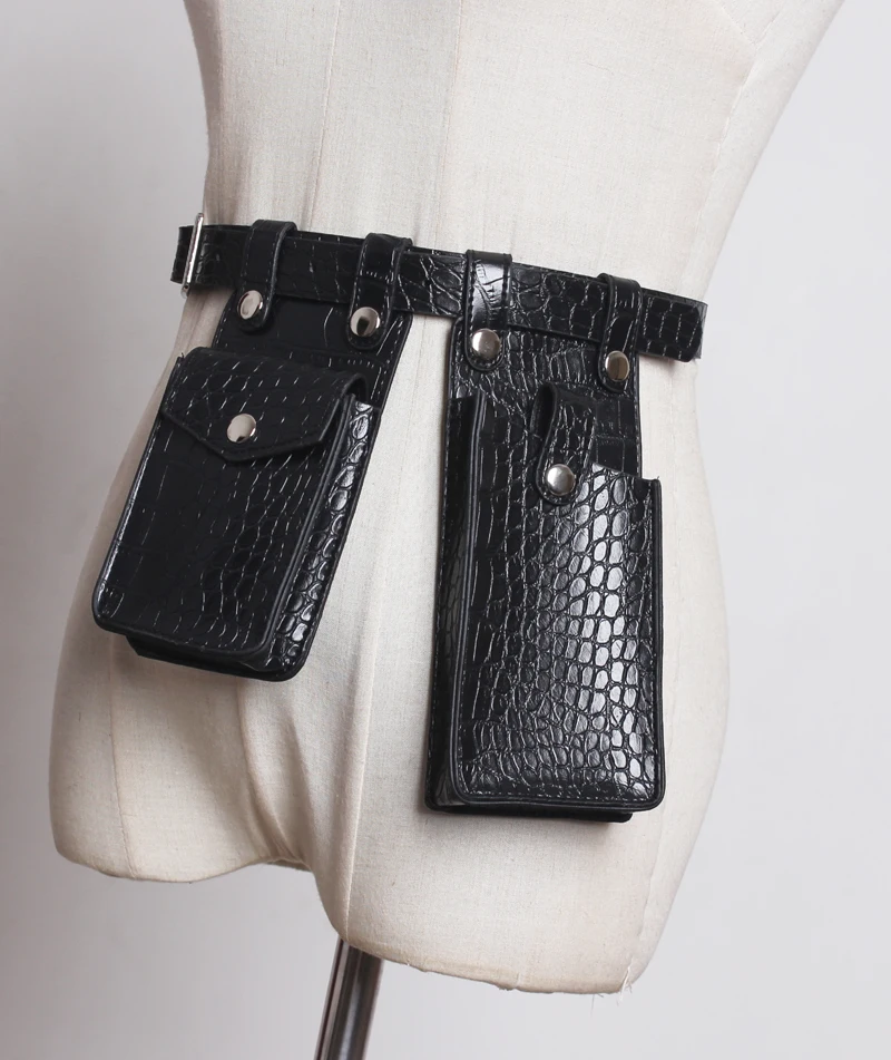 Two Pocket Women Leather Waist Bag Female Phone Bag Design Leather Fanny Packs Ladies Black Snakeskin PU Shoulder Belt Bag