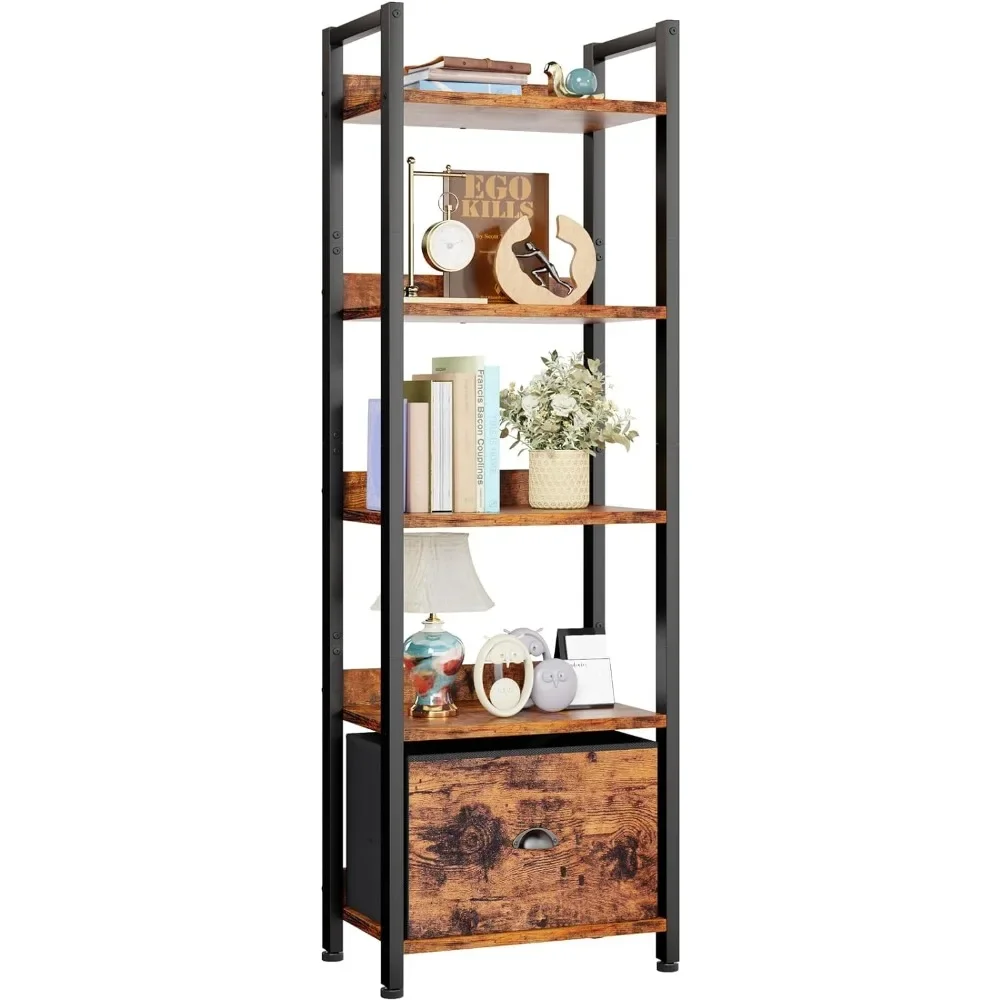 5 Tier Bookshelf with Drawer, Tall Narrow Bookcase with Shelves, Wood and Metal Book Shelf Storage Organizer,