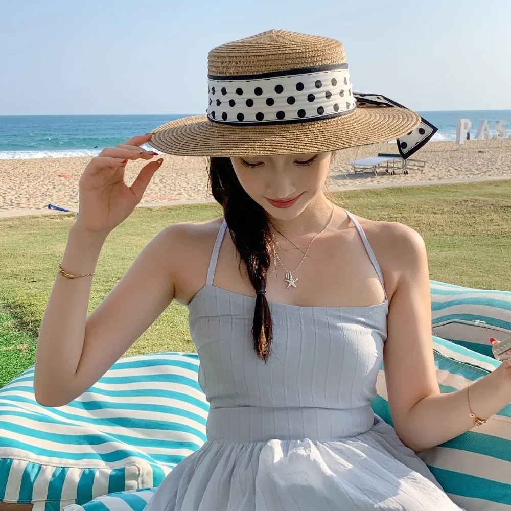 

Elegant Beach Straw Cap Straw Weaving Pearl Decoration Sun Protection Cap Dot Ribbon Flat Top Wide Brim Hat Outdoor Activities