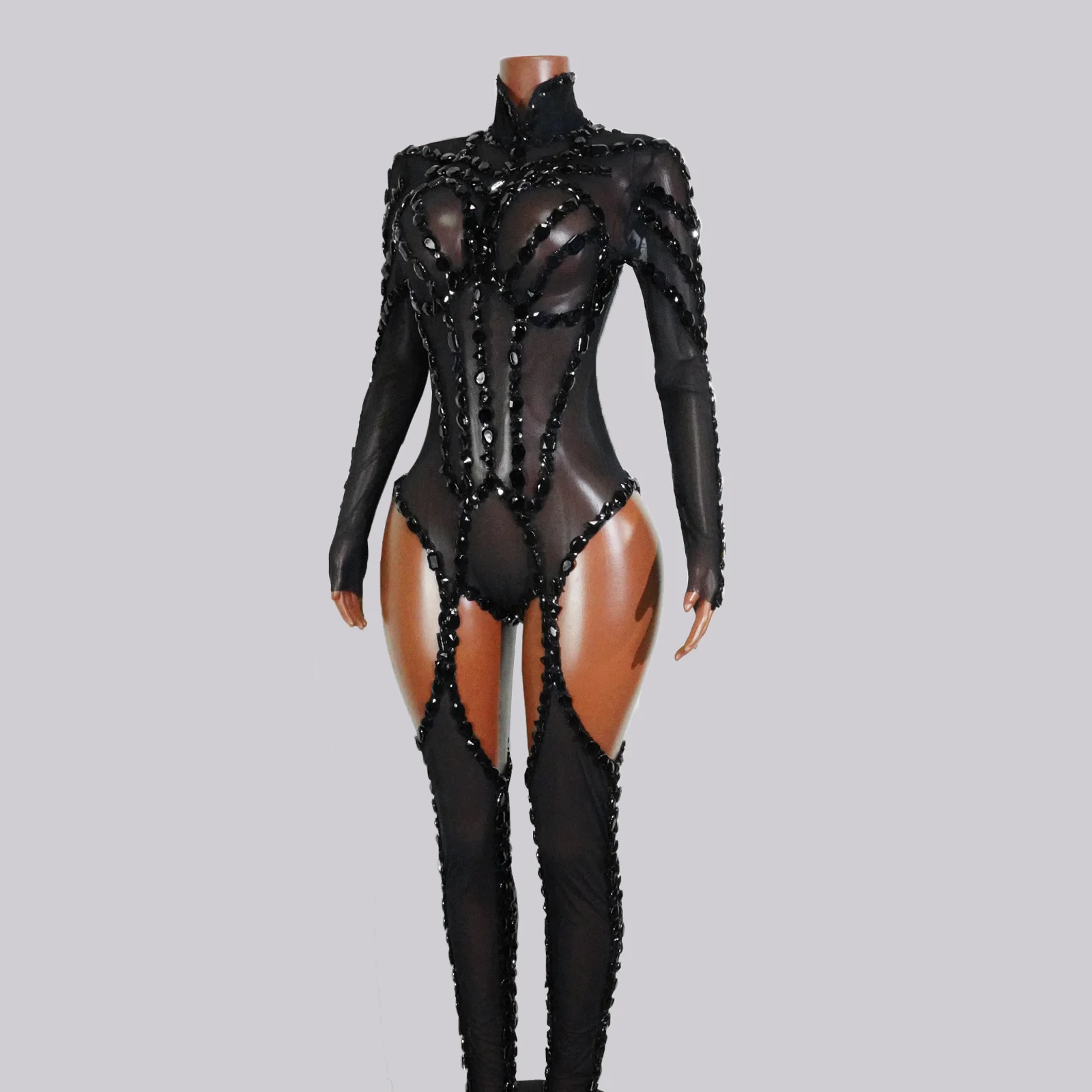 

Sparkly Black Diamond Mesh See Through Jumpsuits Sexy Dancer Nightclub Performance Stage Costume Women Celebrate Birthday Event