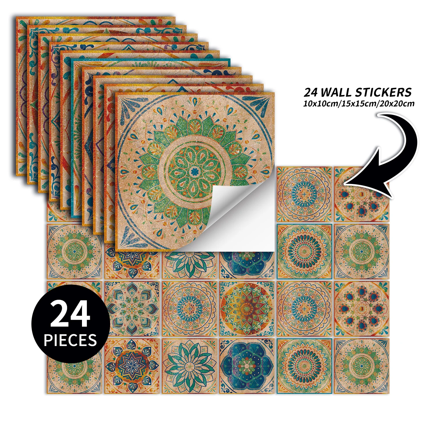 24 pcs/pack, Waterproof and Oil-proof, Easy To Clean, Old Mandala Pattern Self-adhesive PVC Tile Stickers