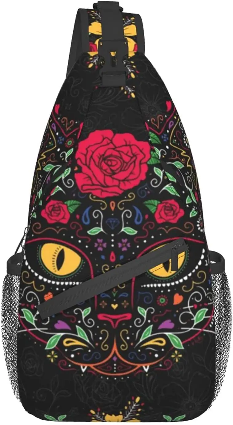 Mochila de hombro con tirantes para hombre y niño, morral cruzado para deportes al aire libre, Día de los muertos, gatito, gato, calavera de azúcar