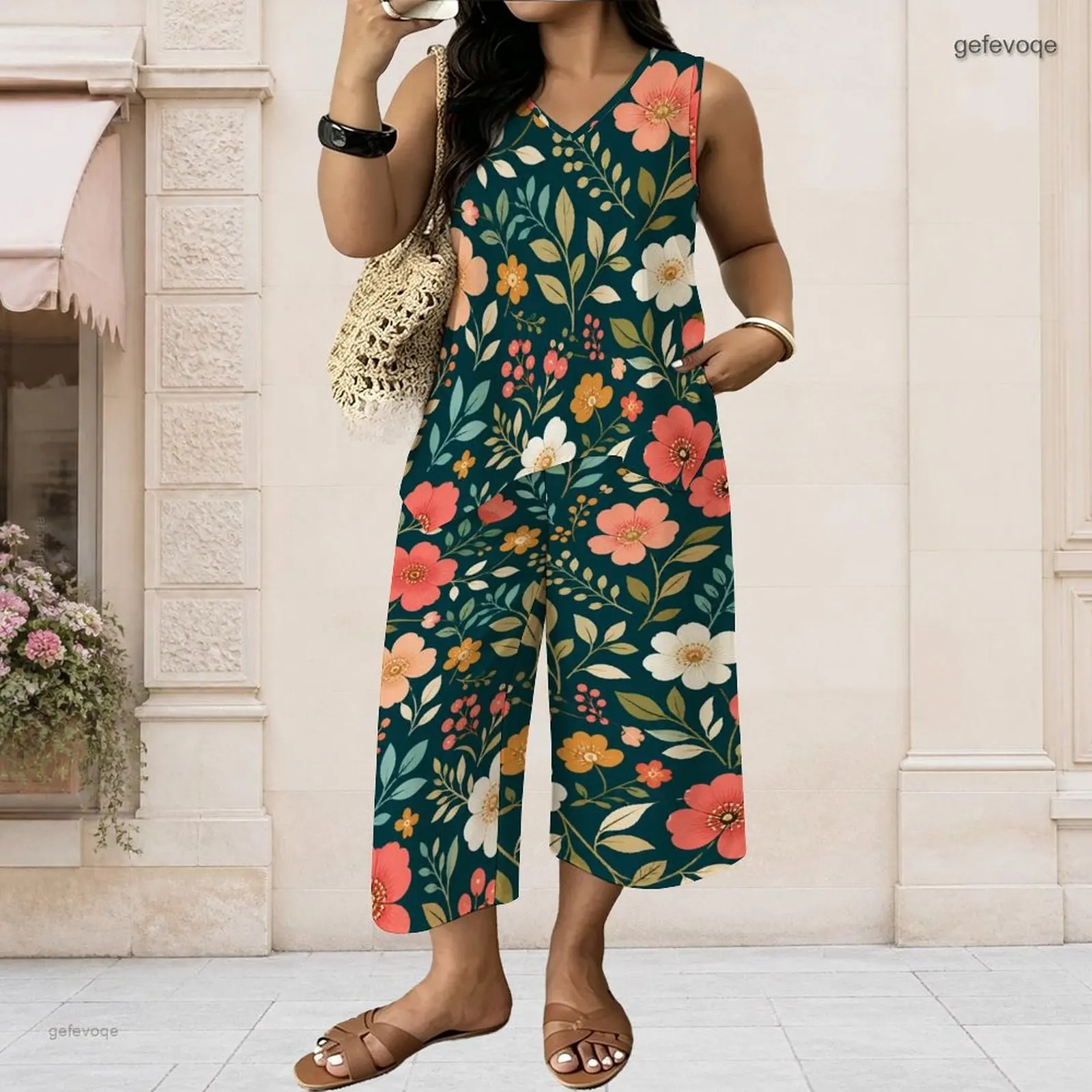 Women Floral Printed V Neck Sleeveless Top and Cropped Wide Leg Pants Matching Two Piece Set