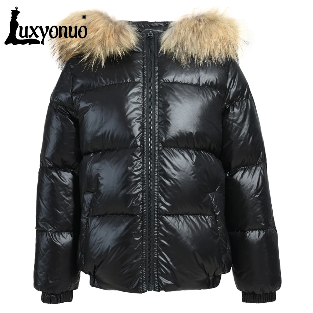 Luxyonuo Girl Child Down Jacket Winter Warm White Duck Down Coat With Real Raccoon Fur Collar Boy Baby Solid Color Hooded Jacket