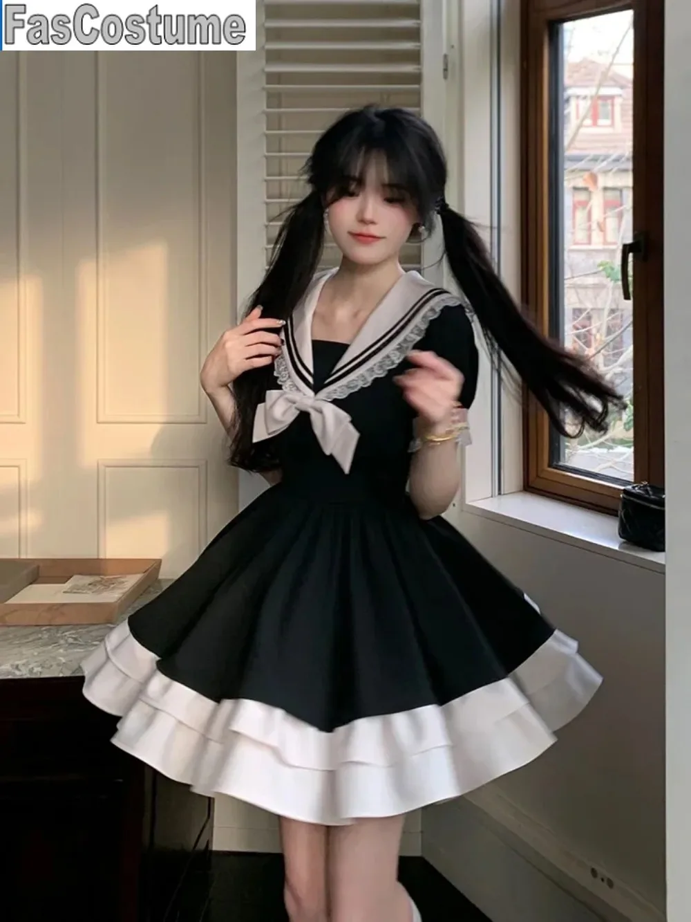 ชุดสีดําผู้หญิงโบว์ญี่ปุ่นน่ารัก Lolita ผู้หญิงหวานลูกไม้พัฟแขนนักเรียนชุดปาร์ตี้ SAILOR COLLAR Kawaii ชุด