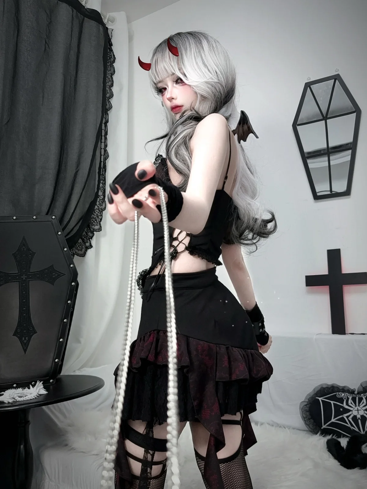 

Gothic loween Costume Set for Women Bear And Cross Doll Spicy Girl Subculture ort Skirt And Vest Outfit Teenage Faion