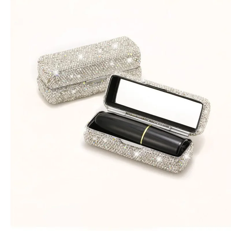 Sparkling Rhinestone Metal Lipstick Box With Mirror Portable Travel Lipstick Case Jewelry Box Mini Lipstick Storage Girl Gift